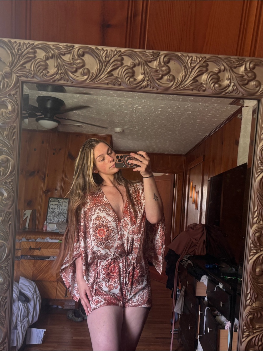 Boho Honey Punch Rust & Cream Floral Kimono Romper